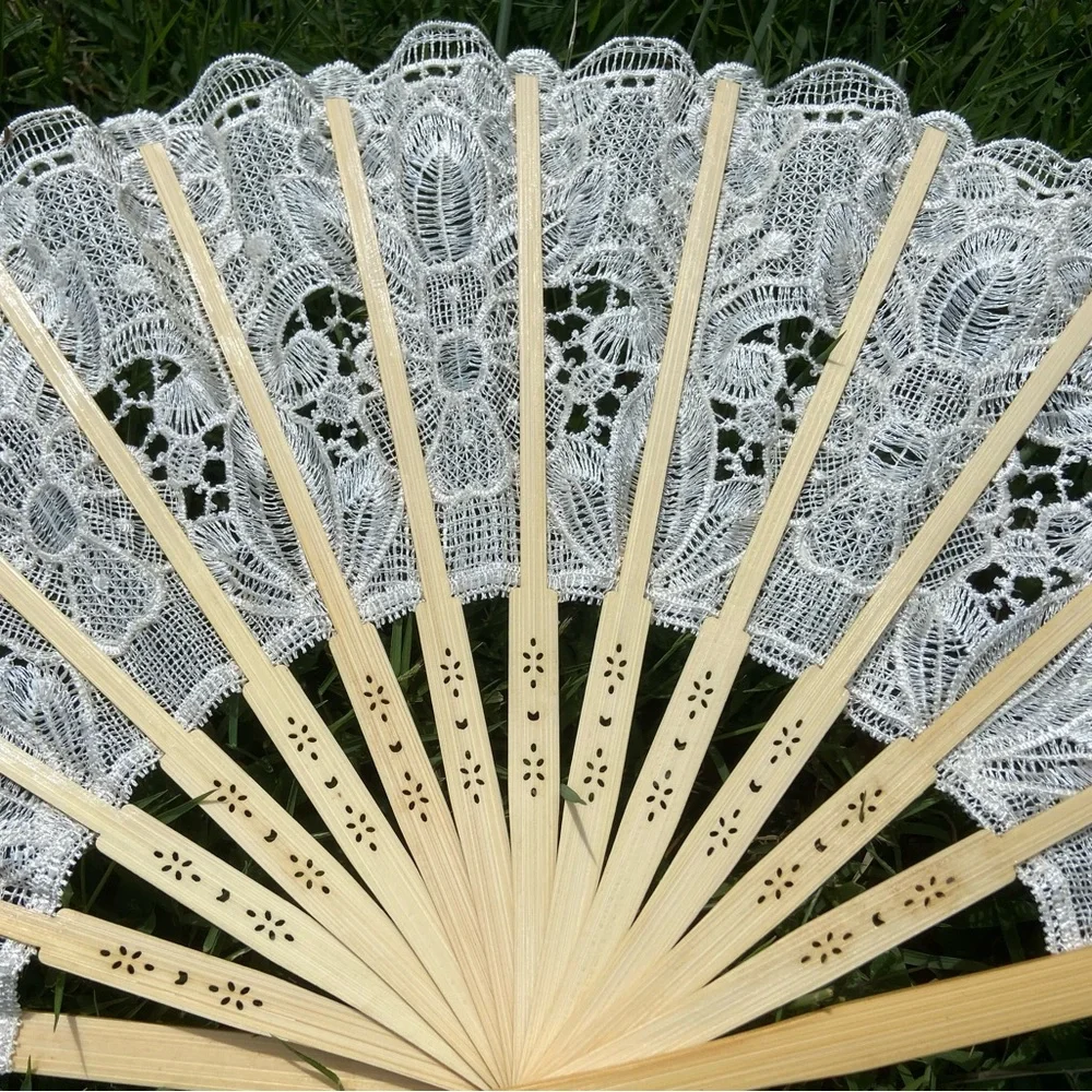 Ivory Lace Fan with Floral Design, Large Beige Lace Fan for Wedding Ceremony